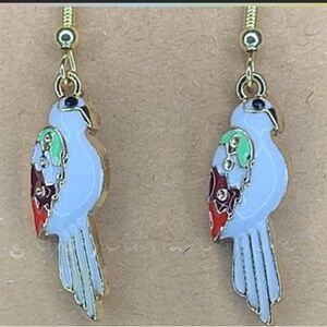 Gold-Tone White Parrot Drop Earrings with Multicolor Accents - Women Jewelry